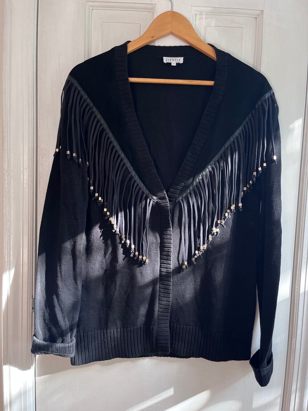 Claudie Pierlot Paris Magicien Fringe Suede Beaded Knit Cardigan Black Sz L FR 3